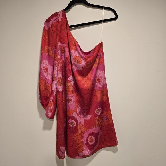 Trina Turk Admirable One Shoulder Floral Shift Mini Dress Sz 6 Womens Pink Red - Picture 2 of 12